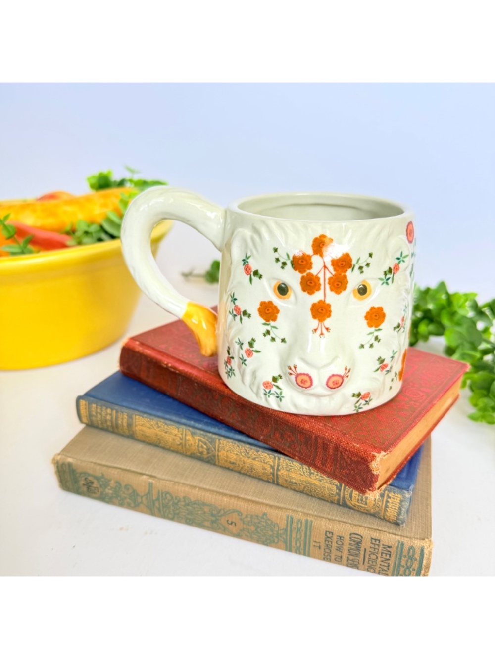 Anthropologie Marisol Lion Floral Mug Boho Chic Coquette Whimsical Cottagecore
